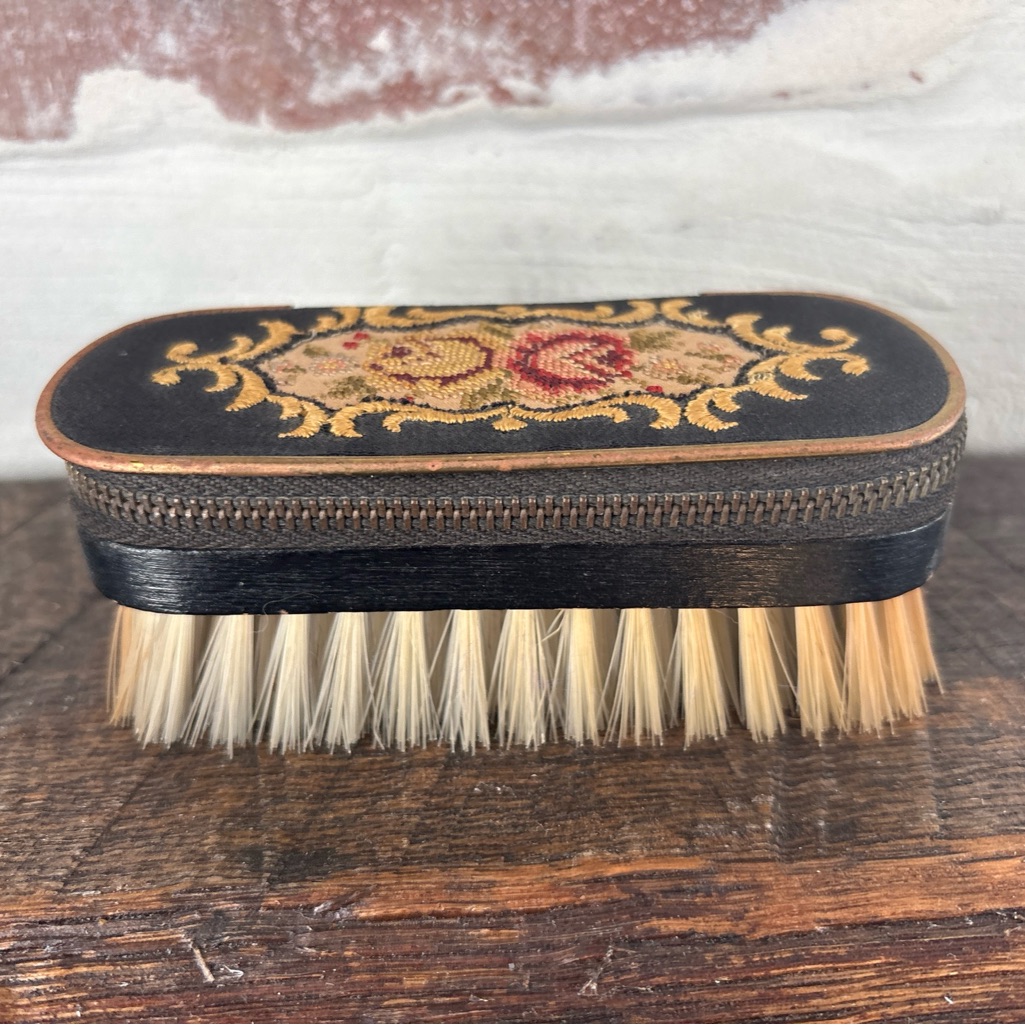 Vintage Embroidered Rose Travel Kit Brush Sewing Manicure Set West Germany